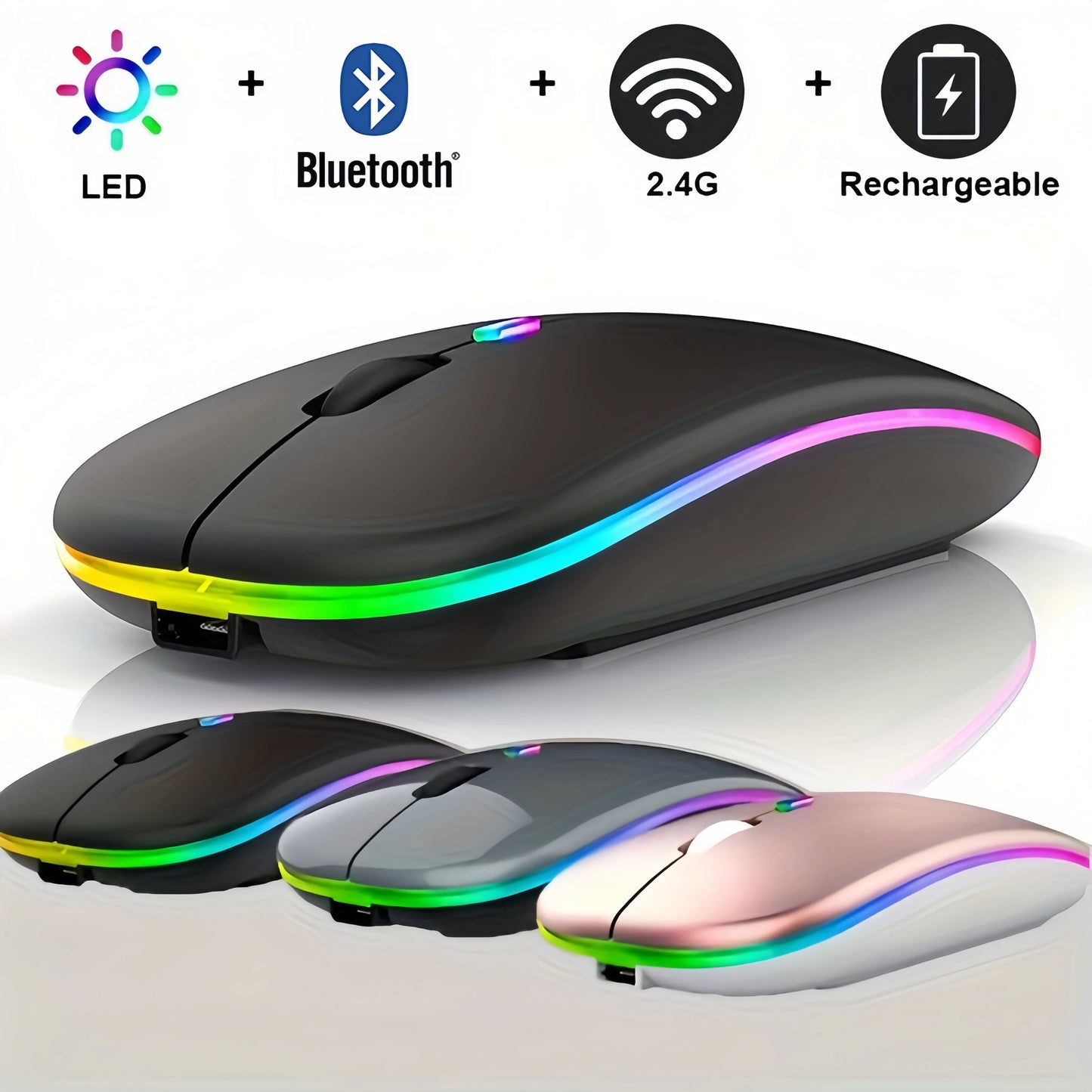 Wireless Mouse 2.4GHz Bluetooth Rechargeable Mouse Quiet Ergonomic Gaming Mouse With USB Backlight 1600DPI Mouse For PC Laptops