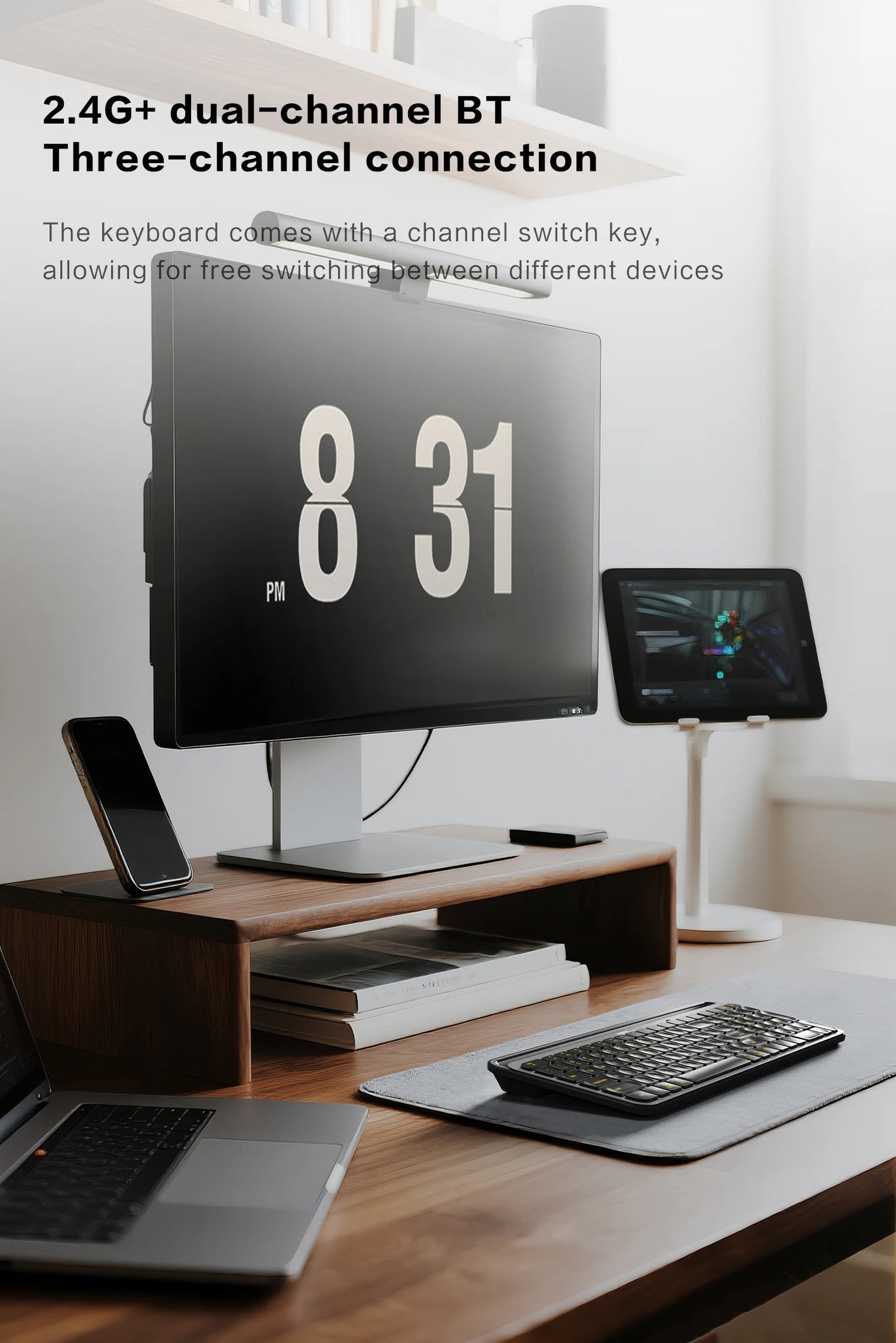 Wireless Gaming Keyboard Full-Sized 105 Key Silent 2.4GHz&Bluetooth Connection Multimedia Keys Compatible with PC Laptop Desktop