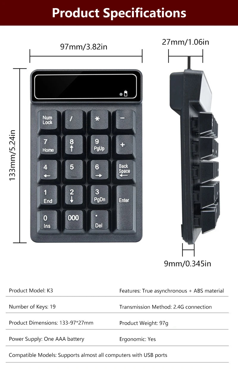 Wireless Digital Keypad With Mechanical Feel 19 Keys 2.4G Mini Keyboard Waterproof Ergonomic Multi System Compatibility Keyboard