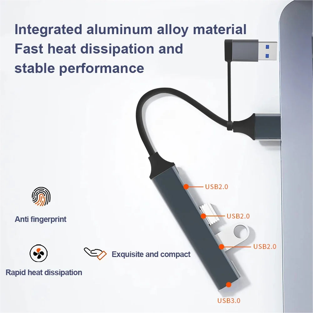 USB C Hub USB Hub 3.0, Aluminum 4 in 1 USB Extender, USB Splitter with USB 3.0, 3 X USB 2.0 and 1 USB C Ports USB Distributor