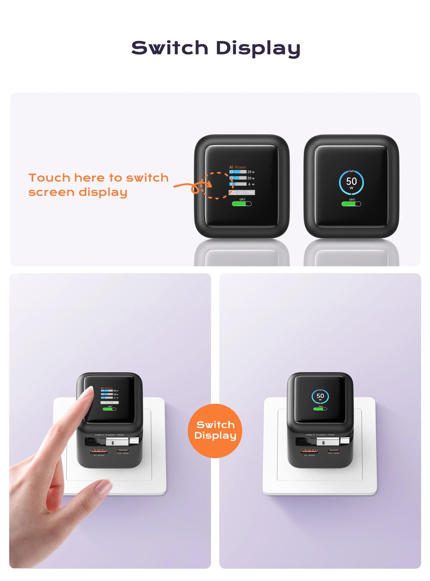 70W GaN Fast Charger with Type-C Retractable Cable 3 IN 1 PD3.0 QC4.0 PPS Fast Charging for IPhone 16 15 14 Xiaomi Tablet Laptop