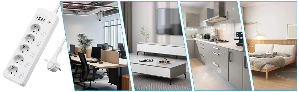 European plug Smart Power Strip with Multi USB Port Type-C, Independent Control Socket 2 meters Cable with Overload Protection