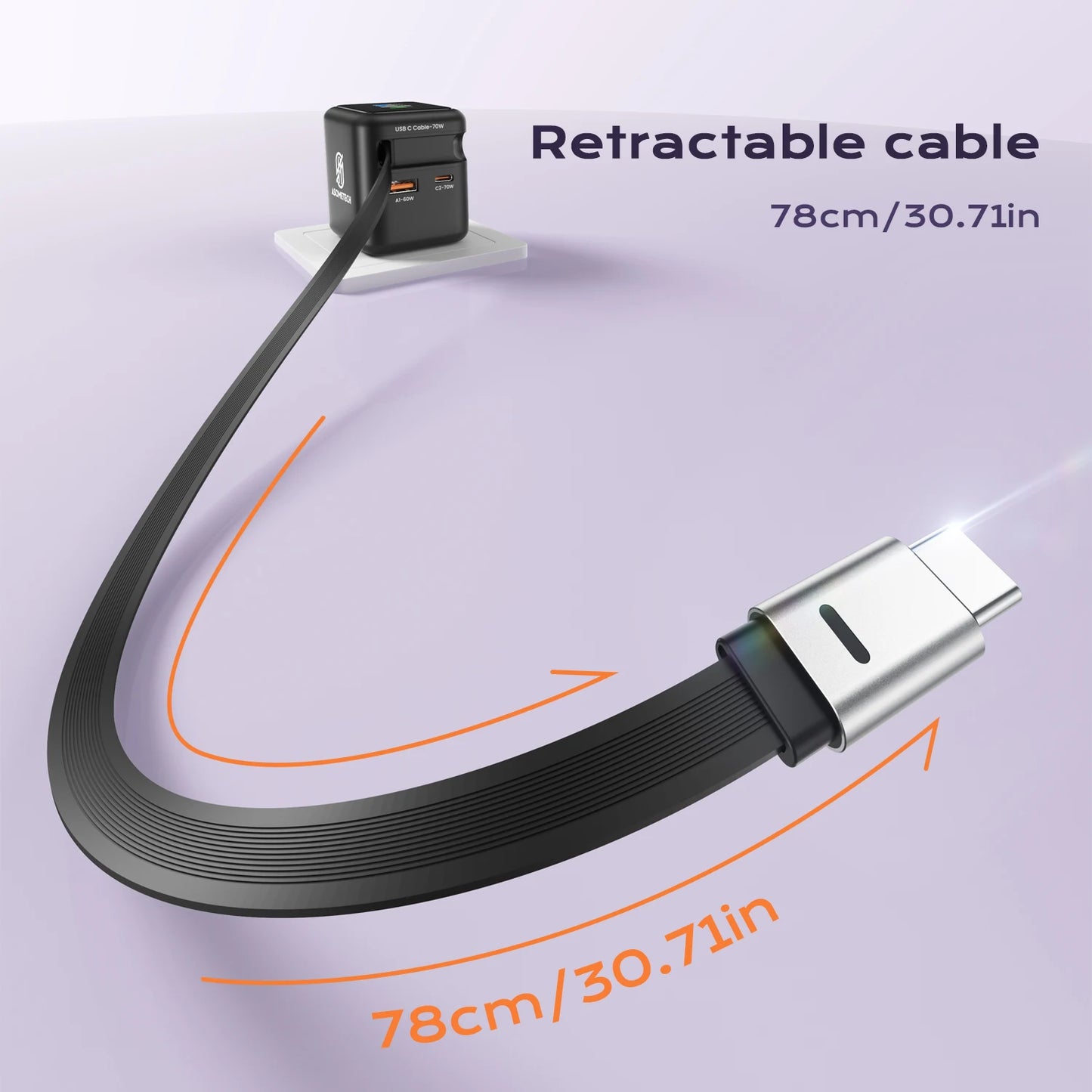 70W GaN Fast Charger with Type-C Retractable Cable 3 IN 1 PD3.0 QC4.0 PPS Fast Charging for IPhone 16 15 14 Xiaomi Tablet Laptop