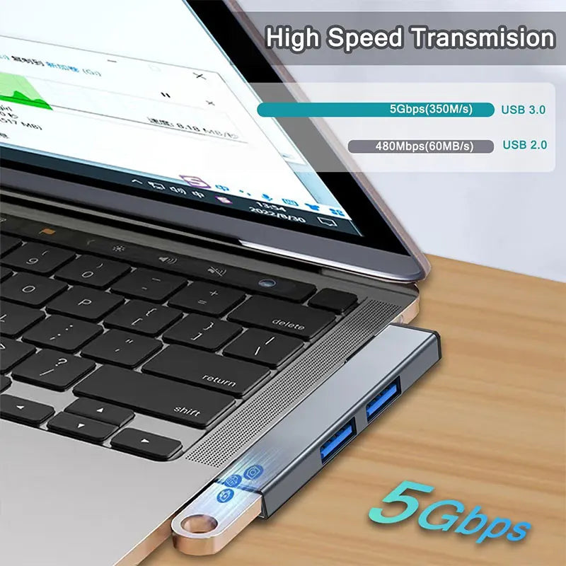 USB Hub, 3-Port Aluminum USB Hub with USB 2.0 Port and USB 3.0 Port, USB Splitter, USB Extender for Laptop, PC, Flash Drive, HDD