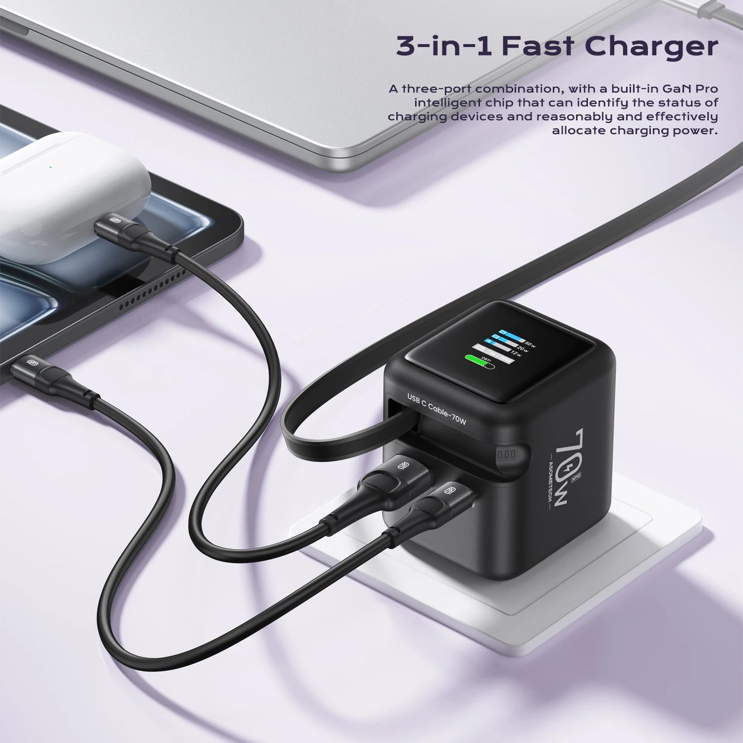 70W GaN Fast Charger with Type-C Retractable Cable 3 IN 1 PD3.0 QC4.0 PPS Fast Charging for IPhone 16 15 14 Xiaomi Tablet Laptop