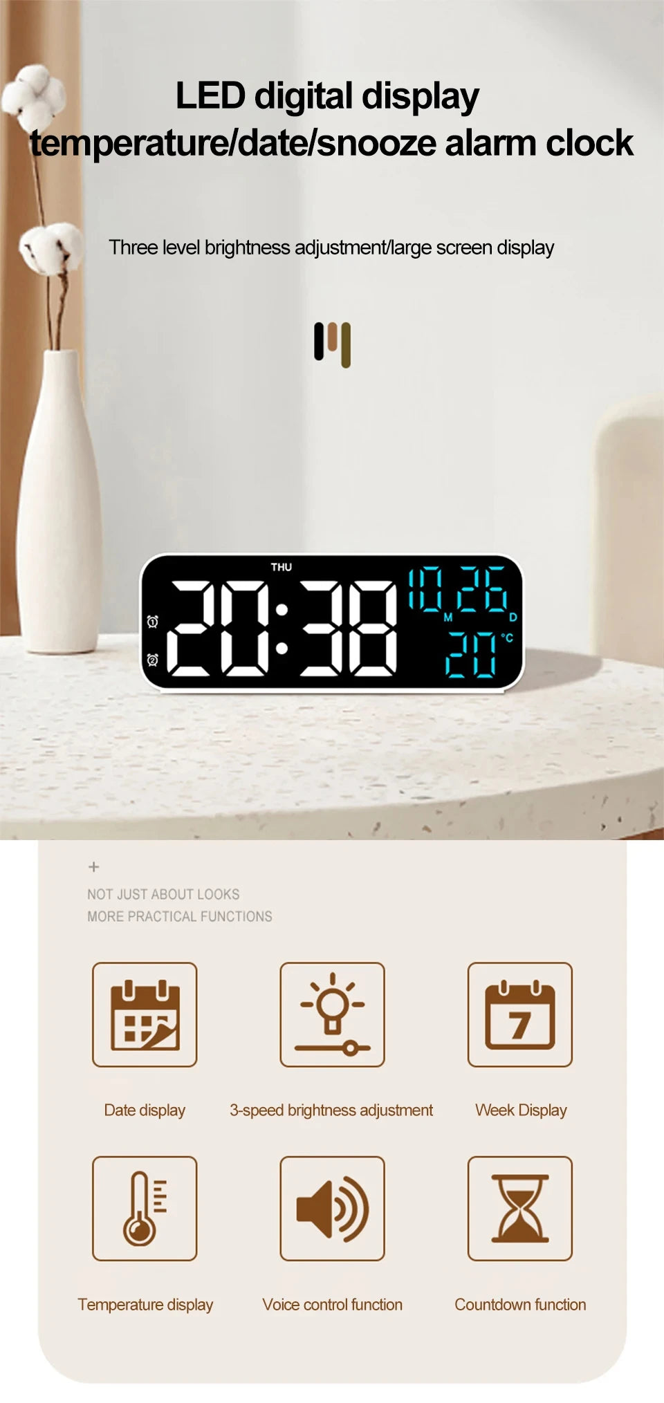 LED Digital Clock Temperature Date Week Display Desktop Clock 3 level Brightness Adjustment Voice Control Countdown Alarm Clock