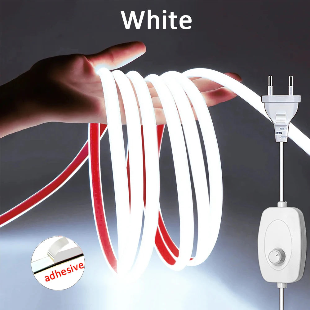 Led Strip Lights 220V with Dimmer IP65 Waterproof COB Led Strip with Self-adhesive Flexible Ribbon for Room Outdoor Lighting