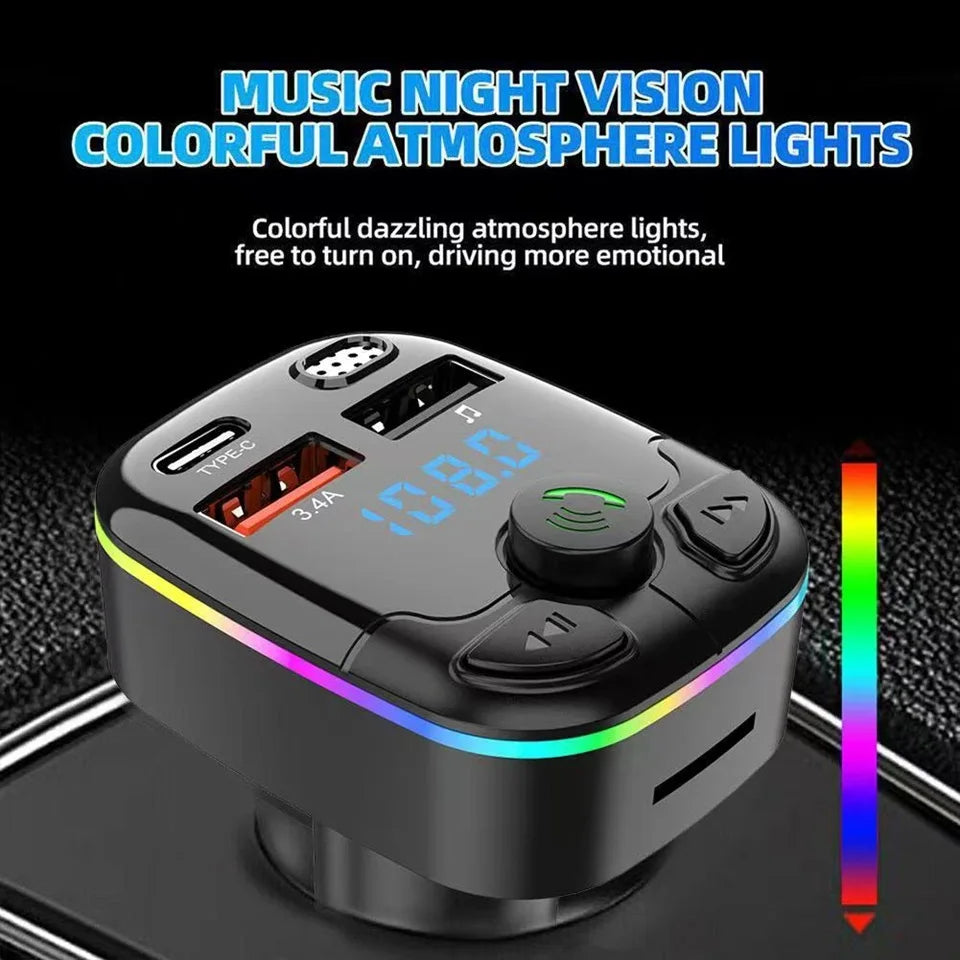 Car Charger Bluetooth 5.0 FM Transmitter PD Type-C Dual USB Ambient Player MP3 Charger Type-C Wireless Light Handsfree