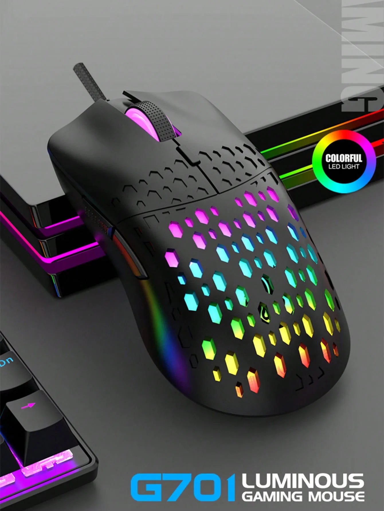 Wireless gaming mouse, dazzling colorful light effect, variable DPI, fashionable honeycomb perforated mouse