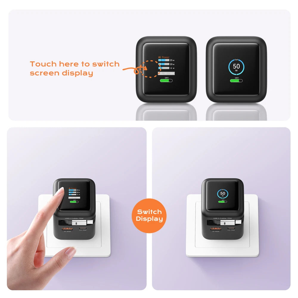 70W GaN Fast Charger with Type-C Retractable Cable 3 IN 1 PD3.0 QC4.0 PPS Fast Charging for IPhone 16 15 14 Xiaomi Tablet Laptop