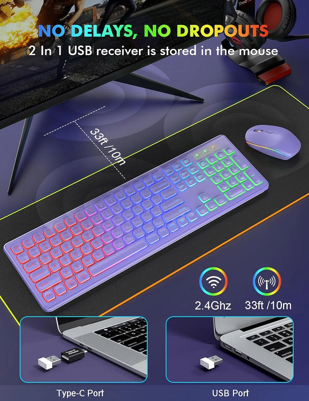 Wireless Keyboard and Mouse Combo Backlit ,Rechargeable Full-Size Illuminated Wireless Keyboard and Mouse Set, 2.4Ghz Keyboard