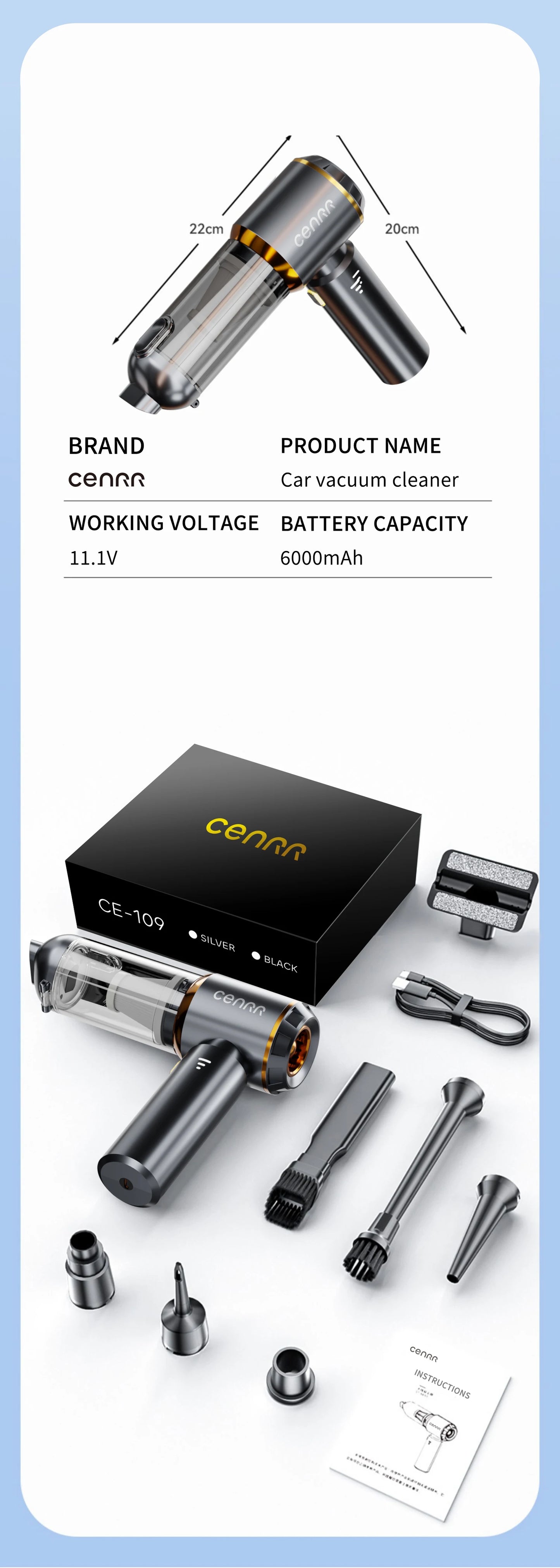 CENRR Mini Car Vacuum Cleaner Cordless Powerful Wireless Car Cleaner HandHeld Portable Vacuum Cleaner Cleaning Machine