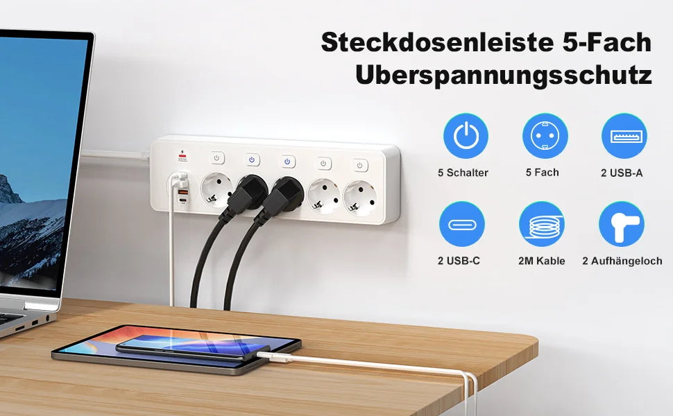 European plug Smart Power Strip with Multi USB Port Type-C, Independent Control Socket 2 meters Cable with Overload Protection