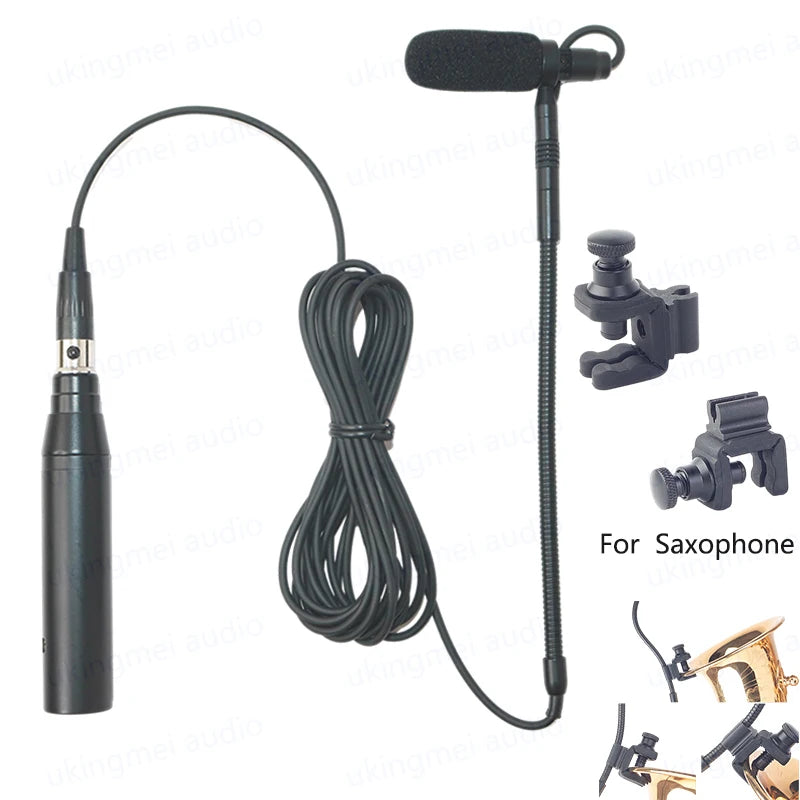 Clip-On Musical Instrument Microphone for Piano Guitar Saxophone Violin Cello Phantom Power Input Flexible Gooseneck Microphone