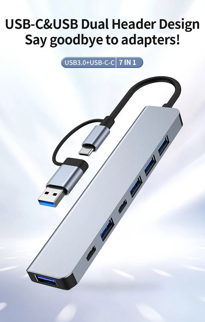 USB C Hub USB Hub 3.0, Aluminum 7 in 1 USB Extender, USB Splitter with USB 3.0, 4 X USB 2.0 and 2 USB C Ports USB Distributor