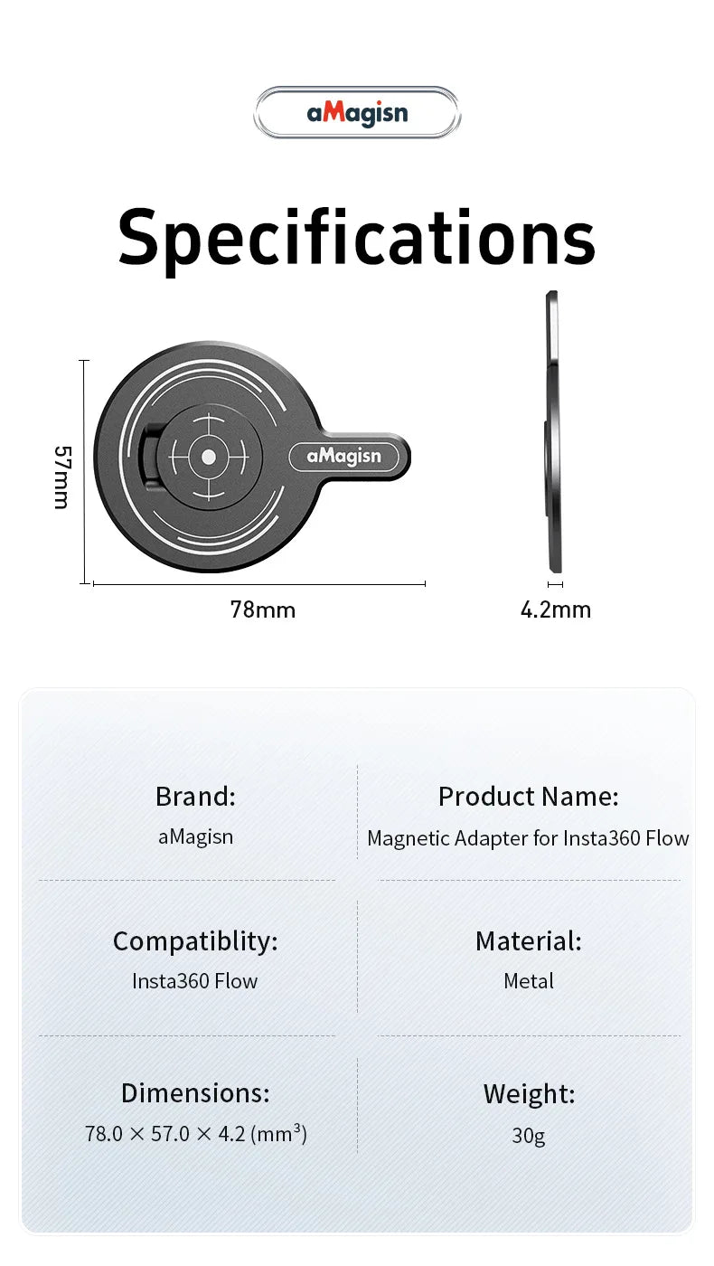 aMagisn for Insta360 Flow Powerful Magnetic Adapter for MagSafe Action Camera Magnetic Plate with Metal Ring Camera Accessories