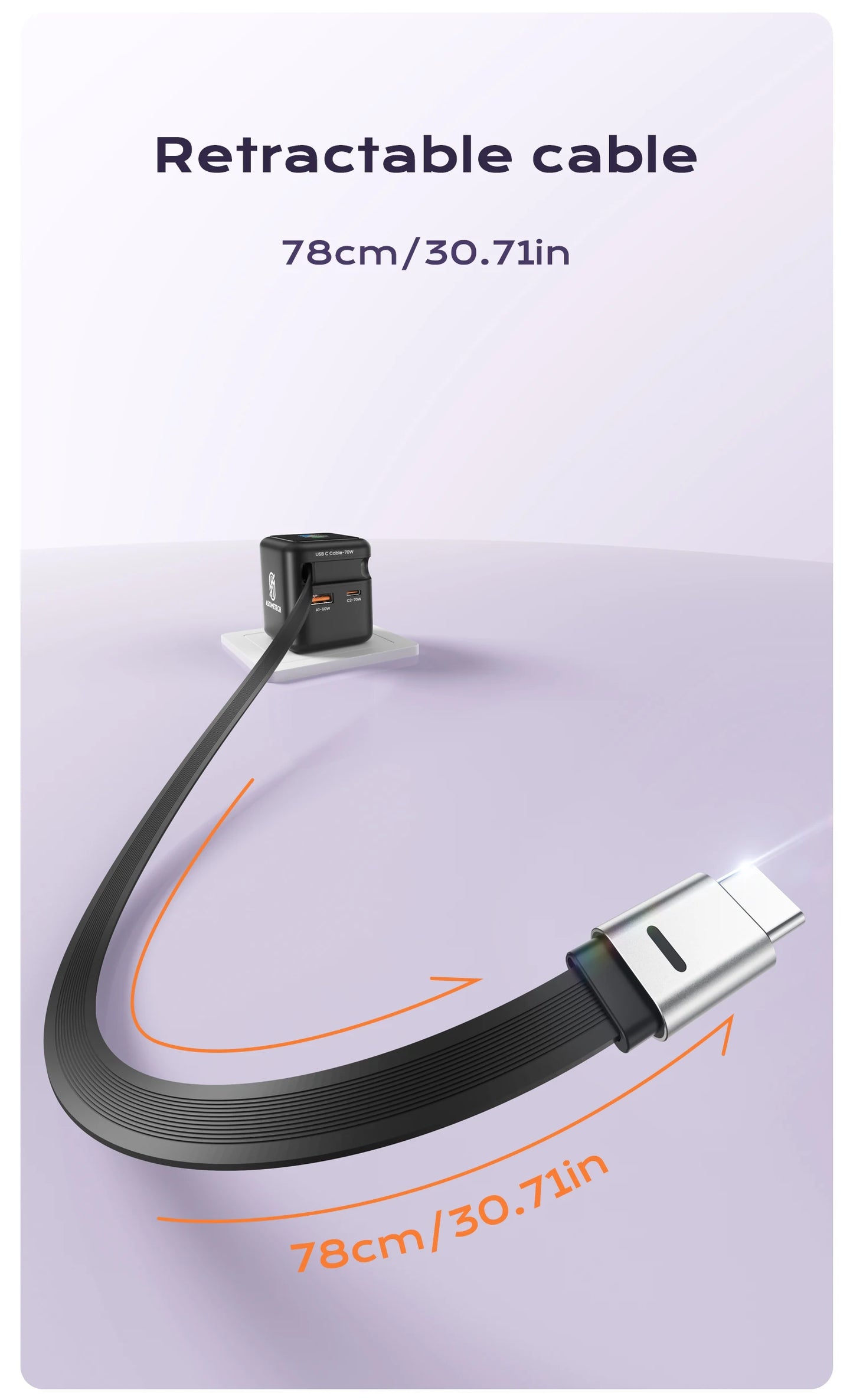 70W GaN Fast Charger with Type-C Retractable Cable 3 IN 1 PD3.0 QC4.0 PPS Fast Charging for IPhone 16 15 14 Xiaomi Tablet Laptop