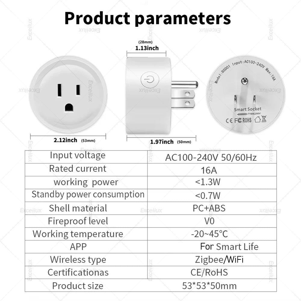 Smart Plug Zigbee/WiFi Socket US Plug 16A With Power Monitor Timing Function APP Control Smart Home Automation Works With Alexa