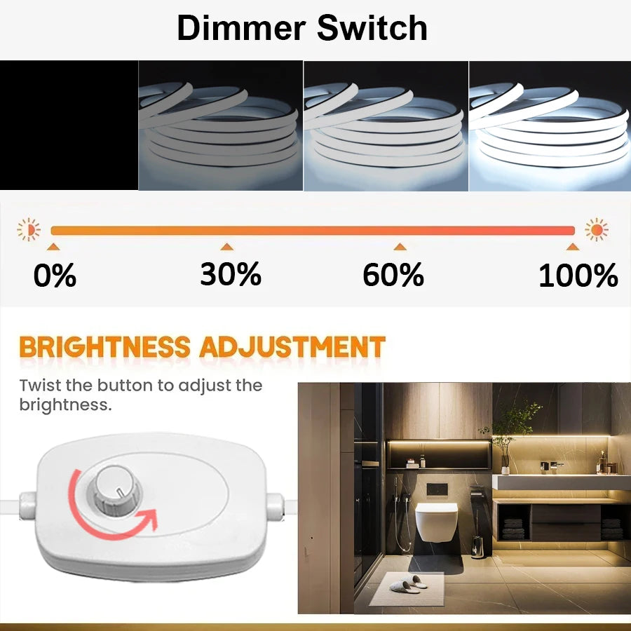 Led Strip Lights 220V with Dimmer IP65 Waterproof COB Led Strip with Self-adhesive Flexible Ribbon for Room Outdoor Lighting