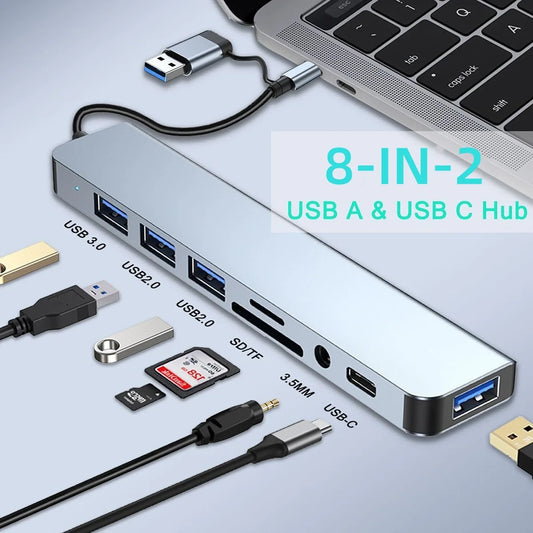 USB C Hub USB Hub, 8 in 2 USB Splitter with 1*USB 3.0, 3*USB 2.0 ,1*USB C Ports, SD/TF Splitter Card Reader, 1XAudio Output
