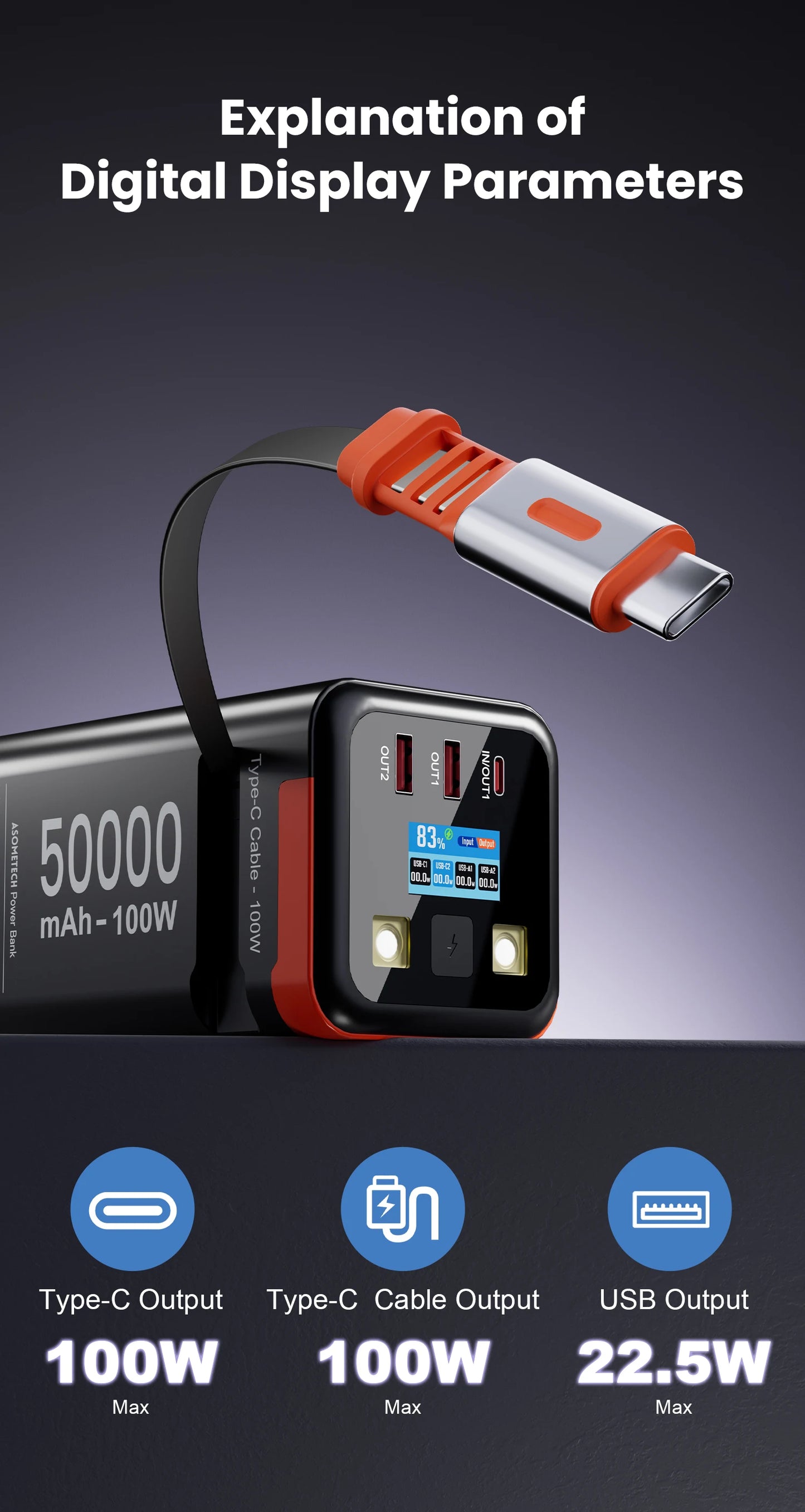 Power Bank 50000mAh 100W PD PPS Super Fast Charging Portable Spare Battery Type-C Retractable Cable Powerbank For Phone Laptop