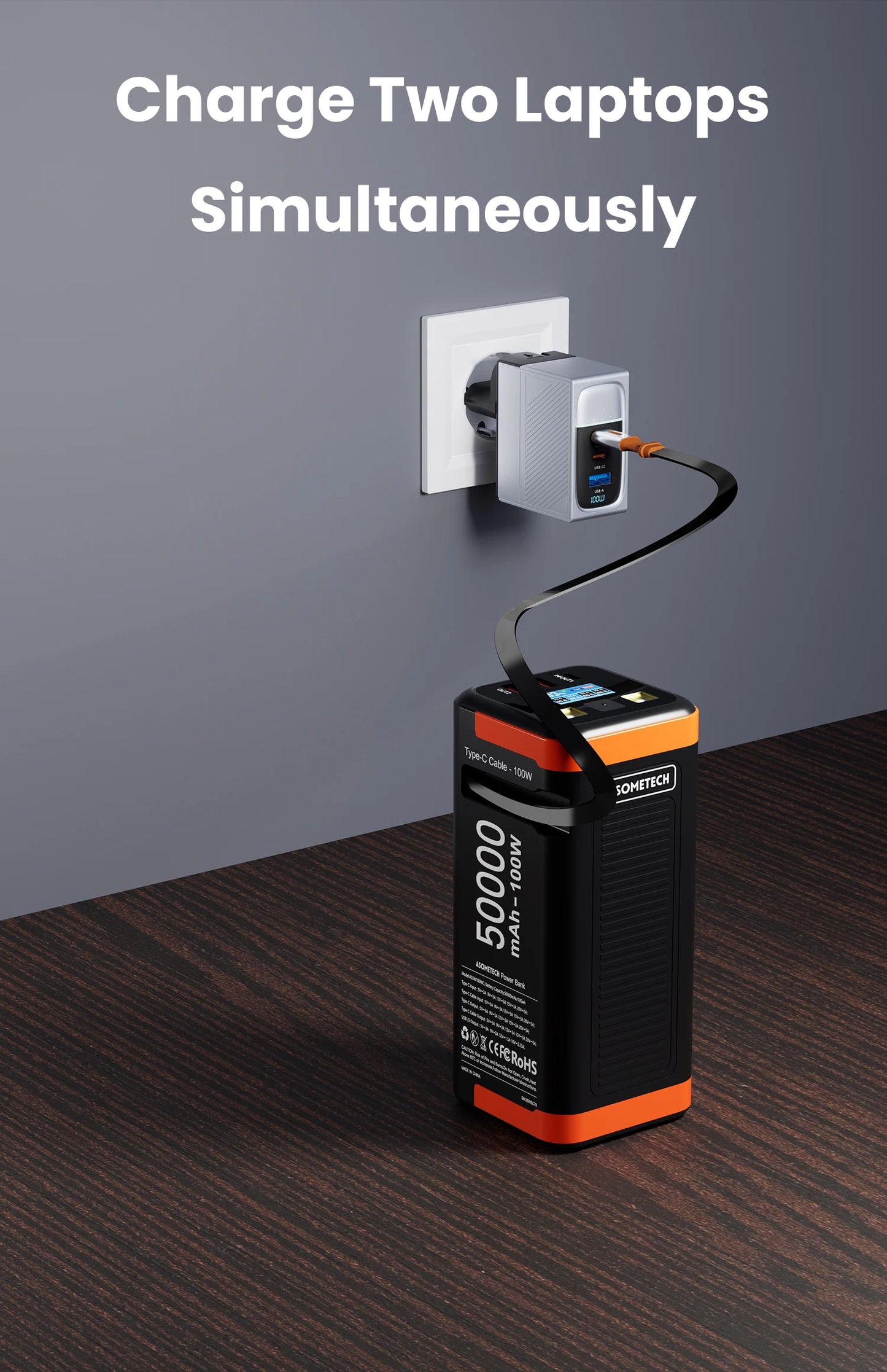 Power Bank 50000mAh 100W PD PPS Super Fast Charging Portable Spare Battery Type-C Retractable Cable Powerbank For Phone Laptop