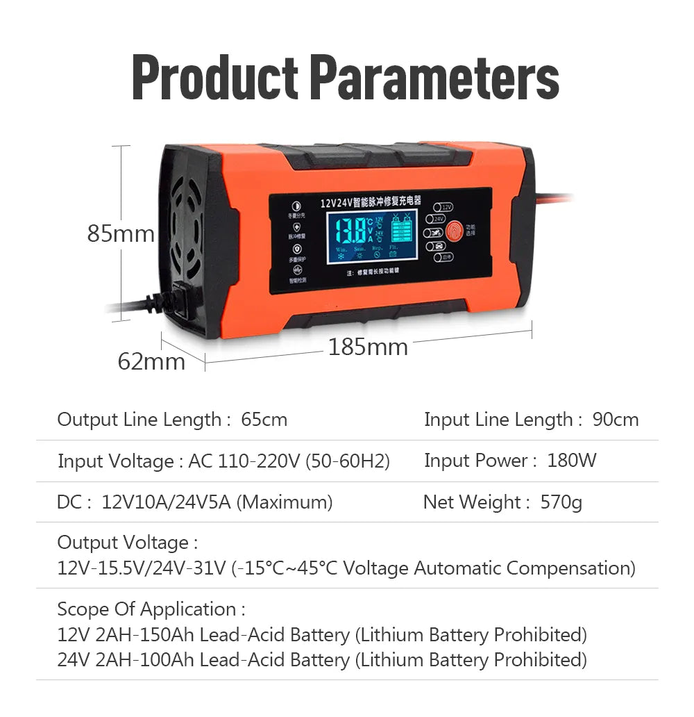Car Battery Charger 10A 12V Automotive Battery Charger 24V 5A Car Accesorries Digital Display Detection Pulse Repair Car Charger