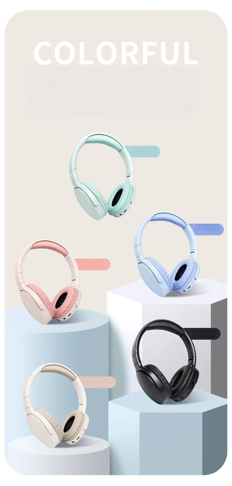 Fashionable Bluetooth wireless headphones, over-ear, deep bass, sports stereo, high fidelity, long battery life, universal