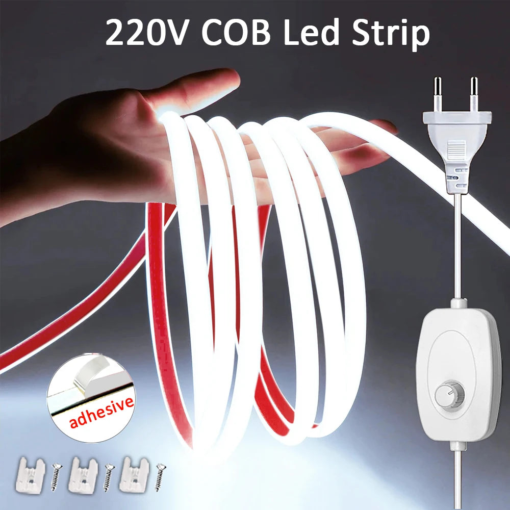 Led Strip Lights 220V with Dimmer IP65 Waterproof COB Led Strip with Self-adhesive Flexible Ribbon for Room Outdoor Lighting