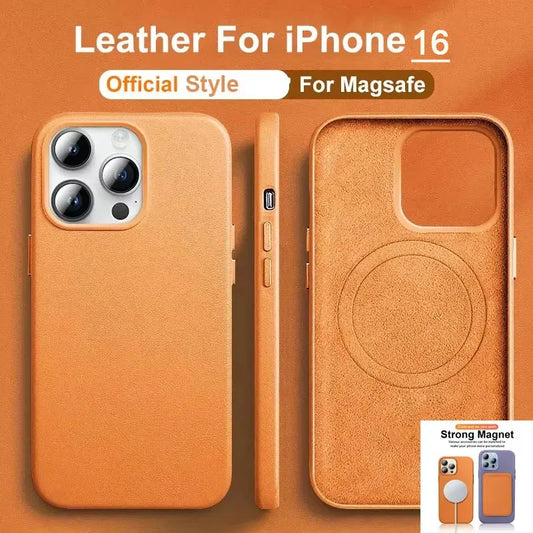 Official MagSafe Leather Case for iPhone 16 Pro Max 13 12 14 15 Plus Original Strong MacSafe Magnetic Cover Accessories