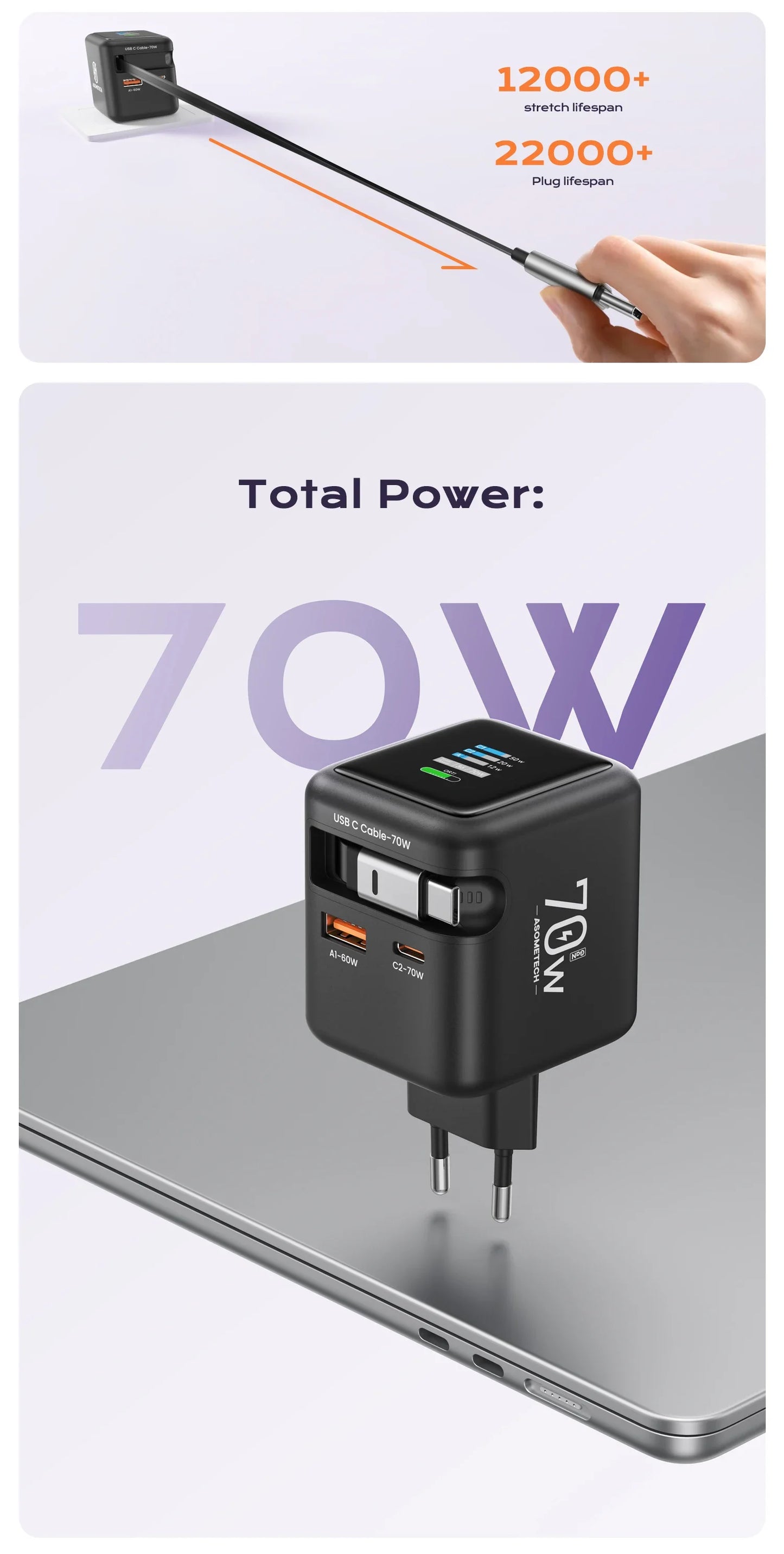 70W GaN Fast Charger with Type-C Retractable Cable 3 IN 1 PD3.0 QC4.0 PPS Fast Charging for IPhone 16 15 14 Xiaomi Tablet Laptop