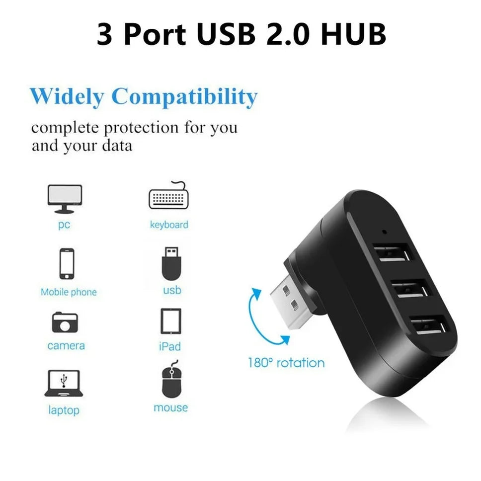 USB 2.0 Hub USB Hub 2.0 Multi USB Splitter Hub Rotatable 3 Port Multiple Expander Splitter Mini USB 2.0 Hub Computer Accessories