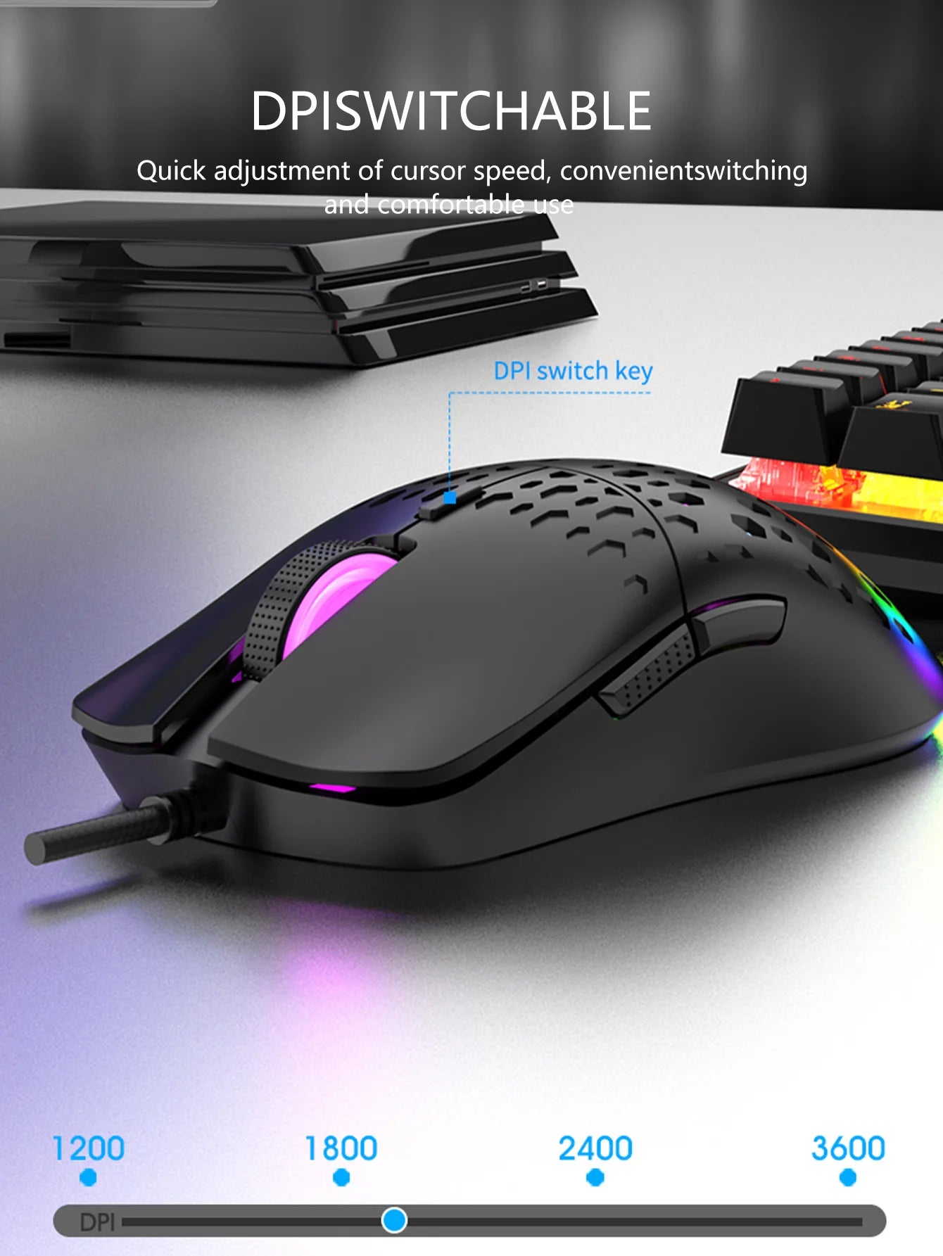 Wireless gaming mouse, dazzling colorful light effect, variable DPI, fashionable honeycomb perforated mouse
