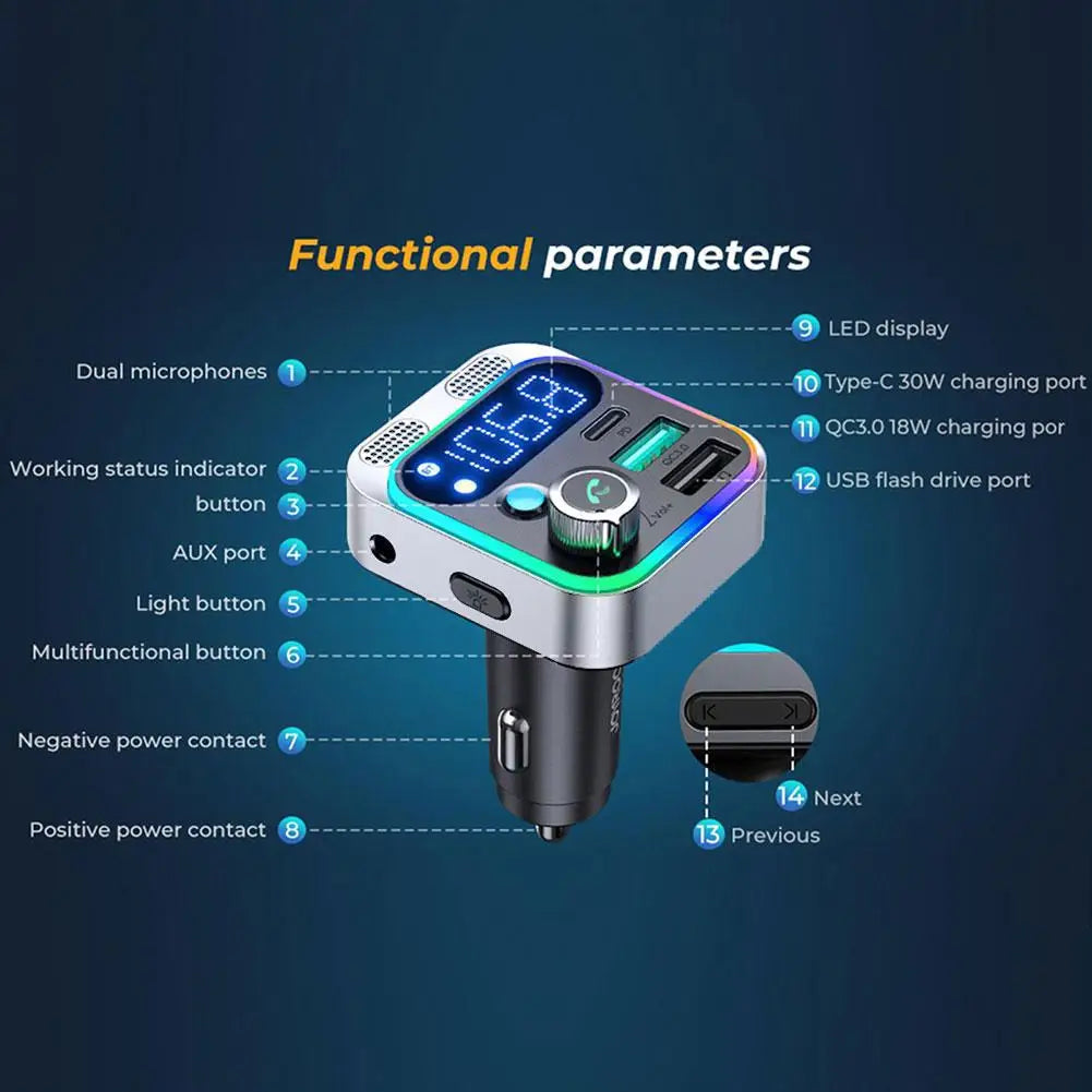 2023 Bluetooth 5.0 FM Transmitter For Car FM/AUX Bluetooth Car Adapter Car Charger Bass Boost 3 Ports Charger Bluetooth Adapter