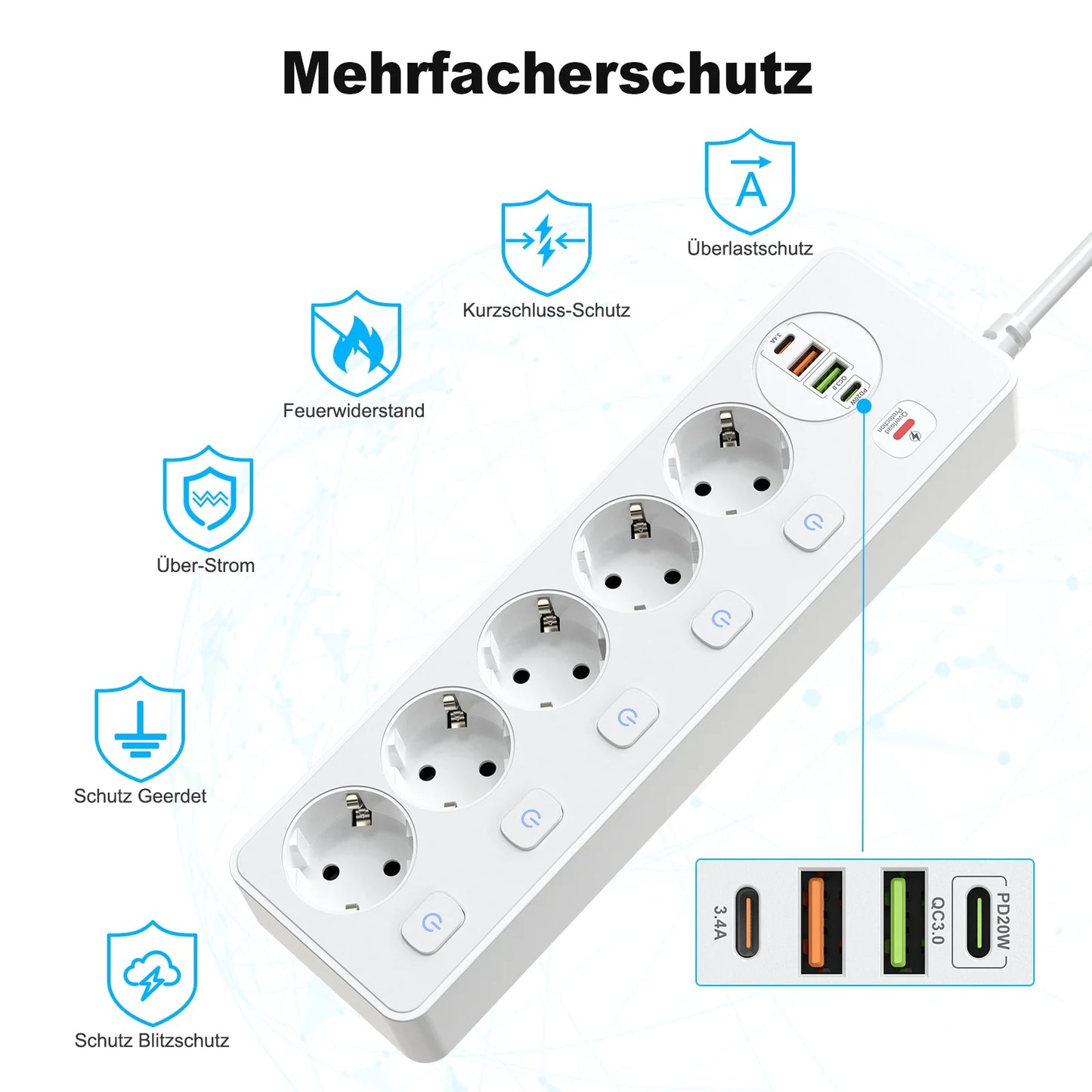 European plug Smart Power Strip with Multi USB Port Type-C, Independent Control Socket 2 meters Cable with Overload Protection