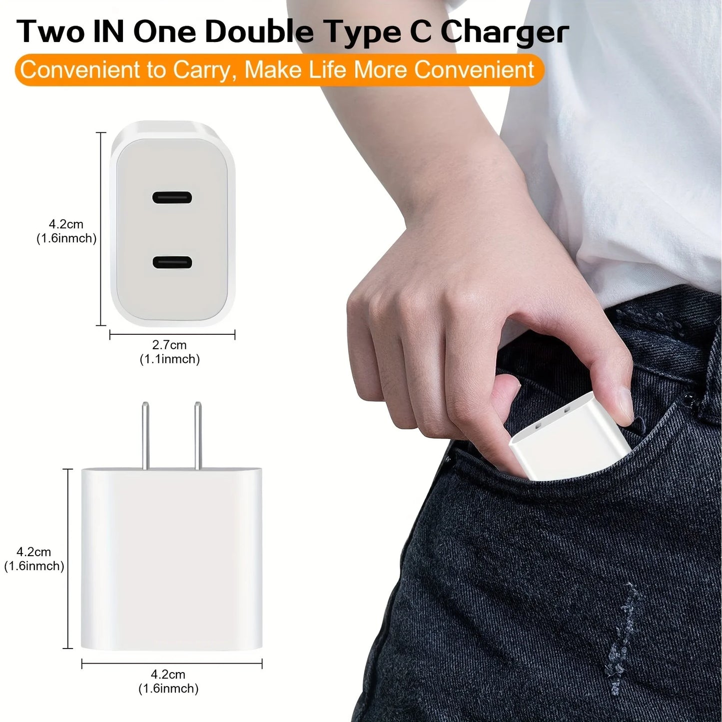 Fast Charger Block PD20W Power Adapter Dual Type C Port Cube for iPhone 15 Series(2Pack 6ft USB-C to C Charging Cables Included)