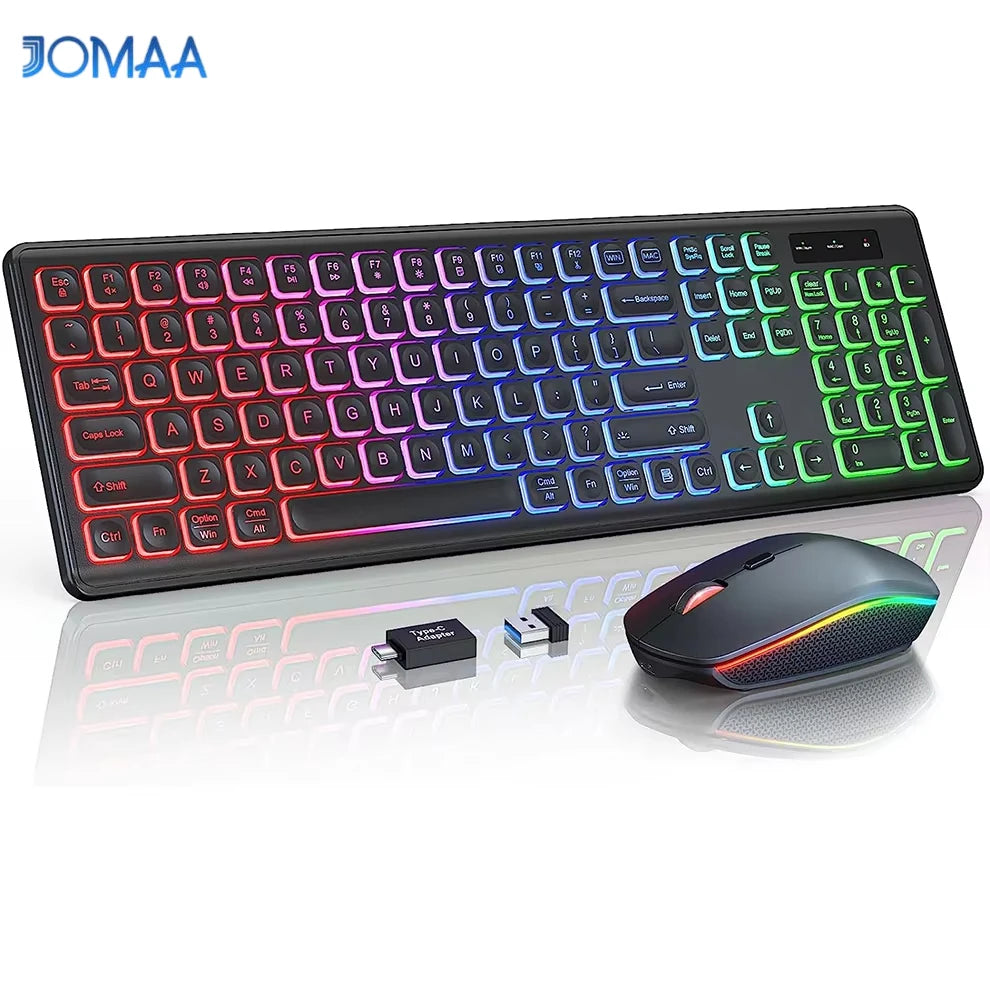 Wireless Keyboard and Mouse Combo RGB Backlit, Rechargeable Light Up Letters, Full-Size, Ergonomic, Sleep Mode, 2.4GHz