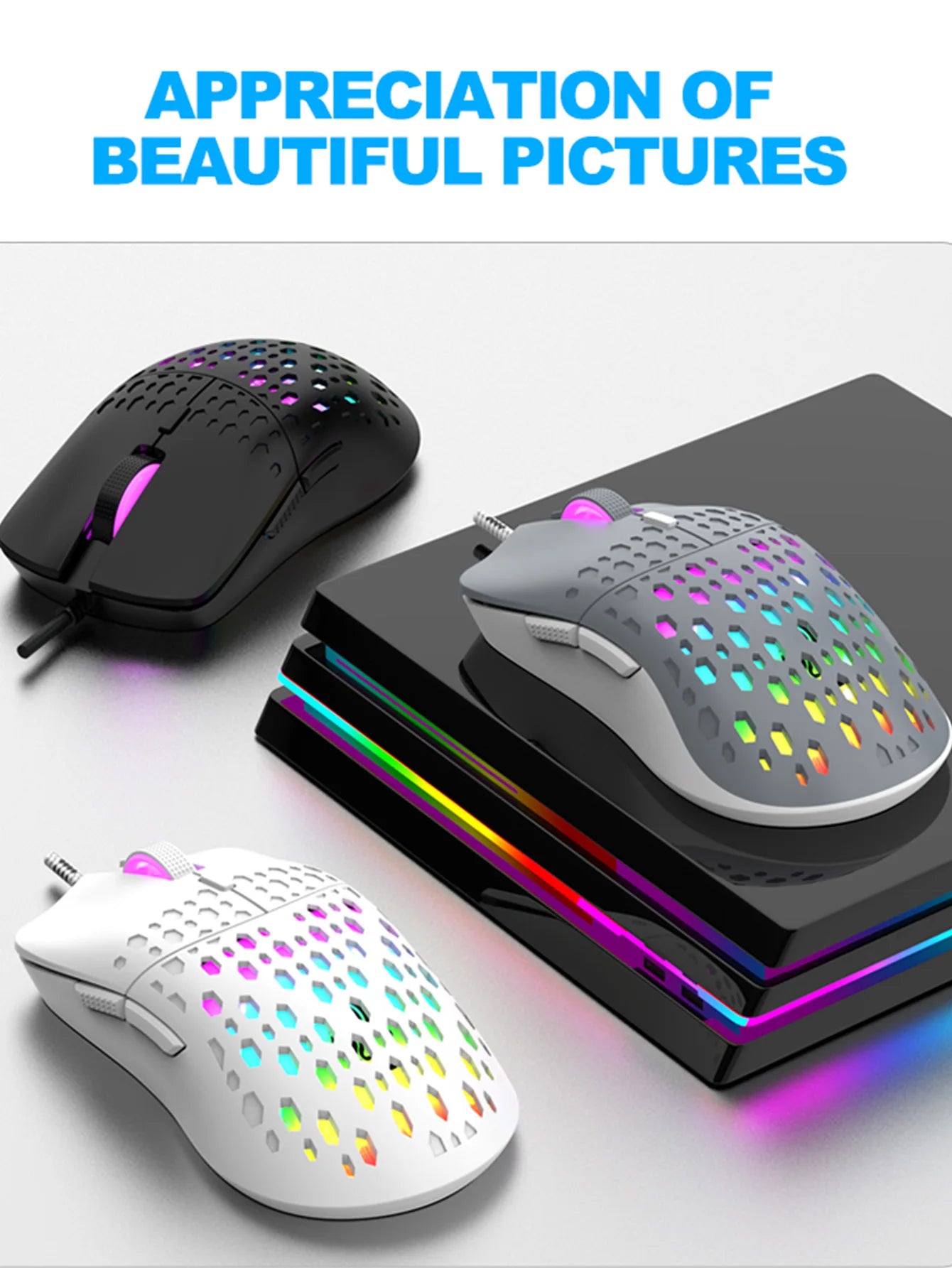 Wireless gaming mouse, dazzling colorful light effect, variable DPI, fashionable honeycomb perforated mouse