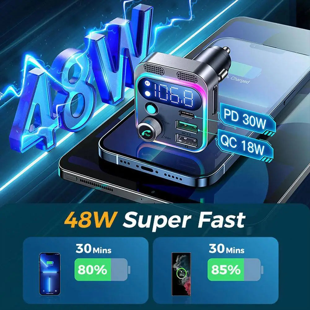 2024 Bluetooth 5.3 FM Transmitter for Car Stronger Dual Mics Deep Bass Sound 48W PD&QC3.0 Car Charger Bluetooth Adapter