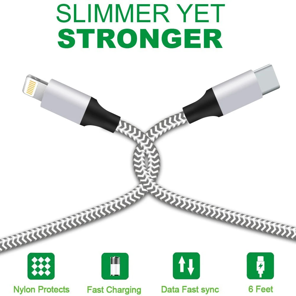 3pcs Nylon Braided Fast Charging Cables 3ft 6ft 10ft MFi Certified For iPhone Charger USB C to IP Port Cable Fast Charging Cable