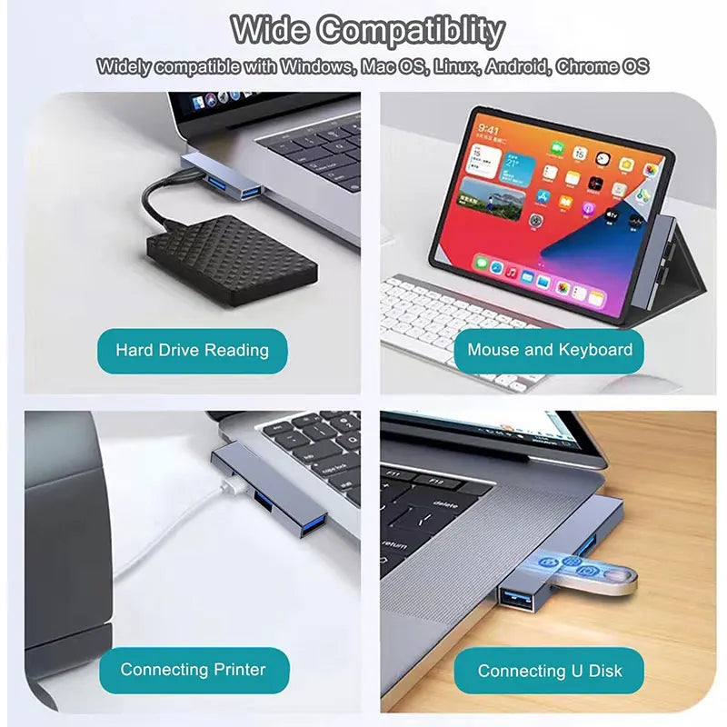 USB Hub, 3-Port Aluminum USB Hub with USB 2.0 Port and USB 3.0 Port, USB Splitter, USB Extender for Laptop, PC, Flash Drive, HDD