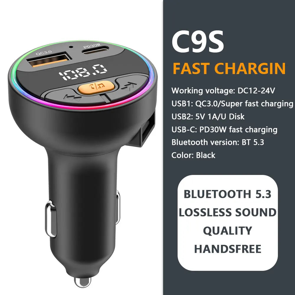 Bluetooth 5.4 FM Transmitter Handsfree Car AUX Radio Modulator MP3 Player with 22.5W & PD30W Fast Charge Adapter Car Accessories