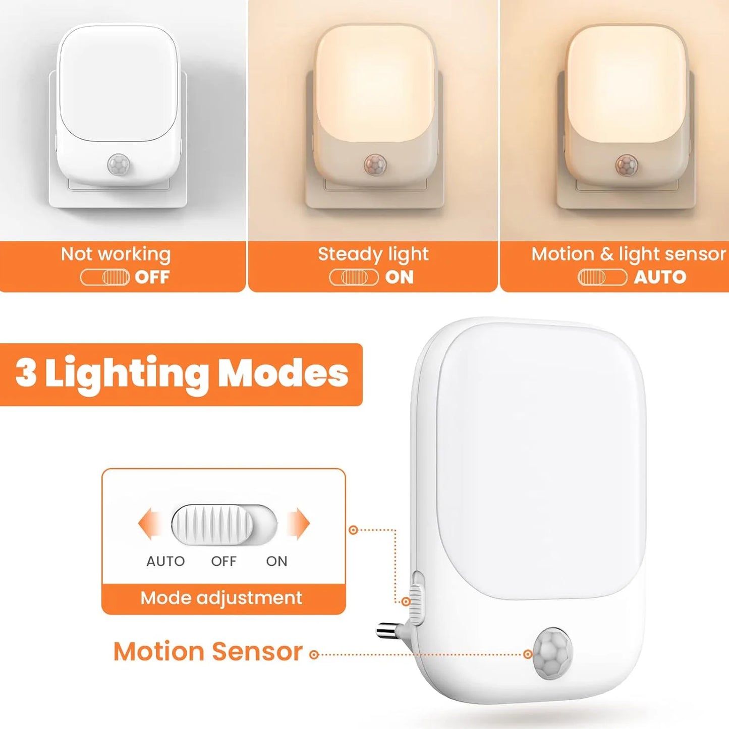 Smart LED Night Light with Sensor, Adjustable Brightness, Suitable for Bedroom, Bathroom, Corridor, Staircase, Kitchen - Plug-in