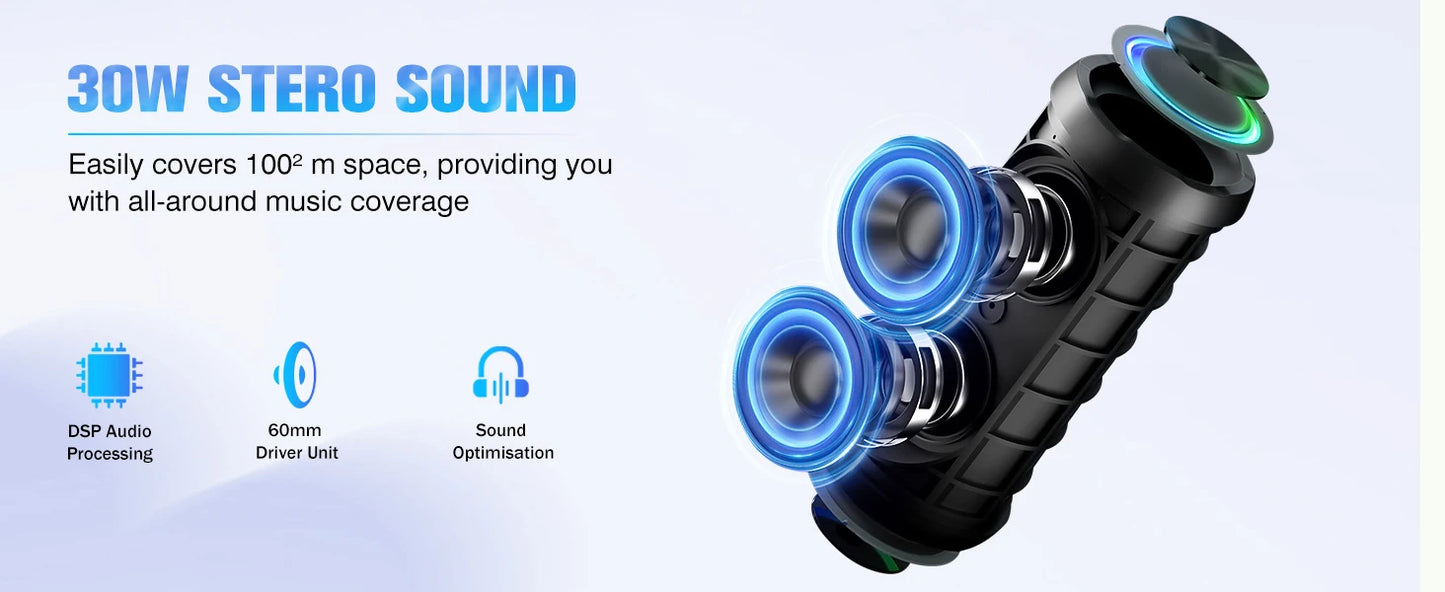 Bluetooth Speaker, Speakers Wireless Bluetooth 5.4 with 30H Playtime, BassUp, 30W Stereo Sound, IPX7 Waterproof Portable Speaker