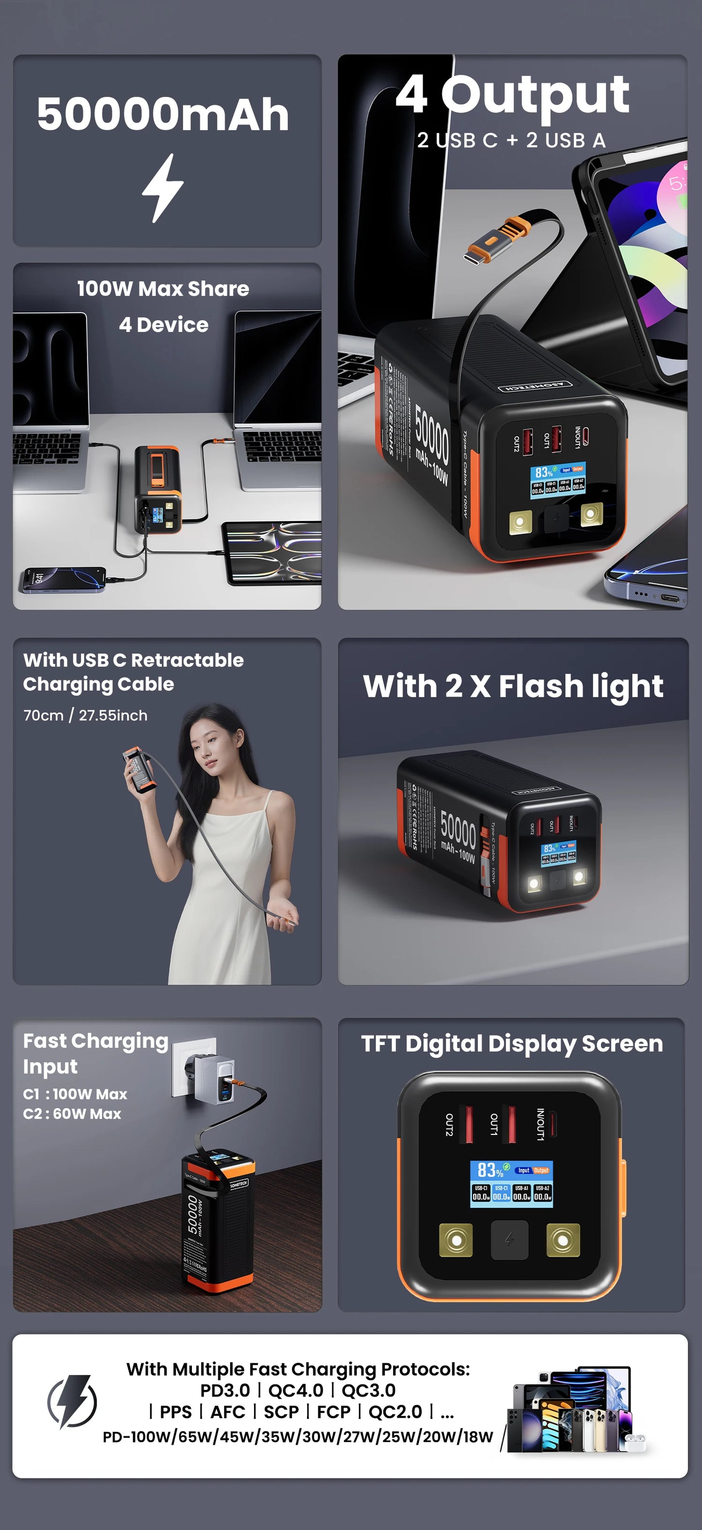 Power Bank 50000mAh 100W PD PPS Super Fast Charging Portable Spare Battery Type-C Retractable Cable Powerbank For Phone Laptop