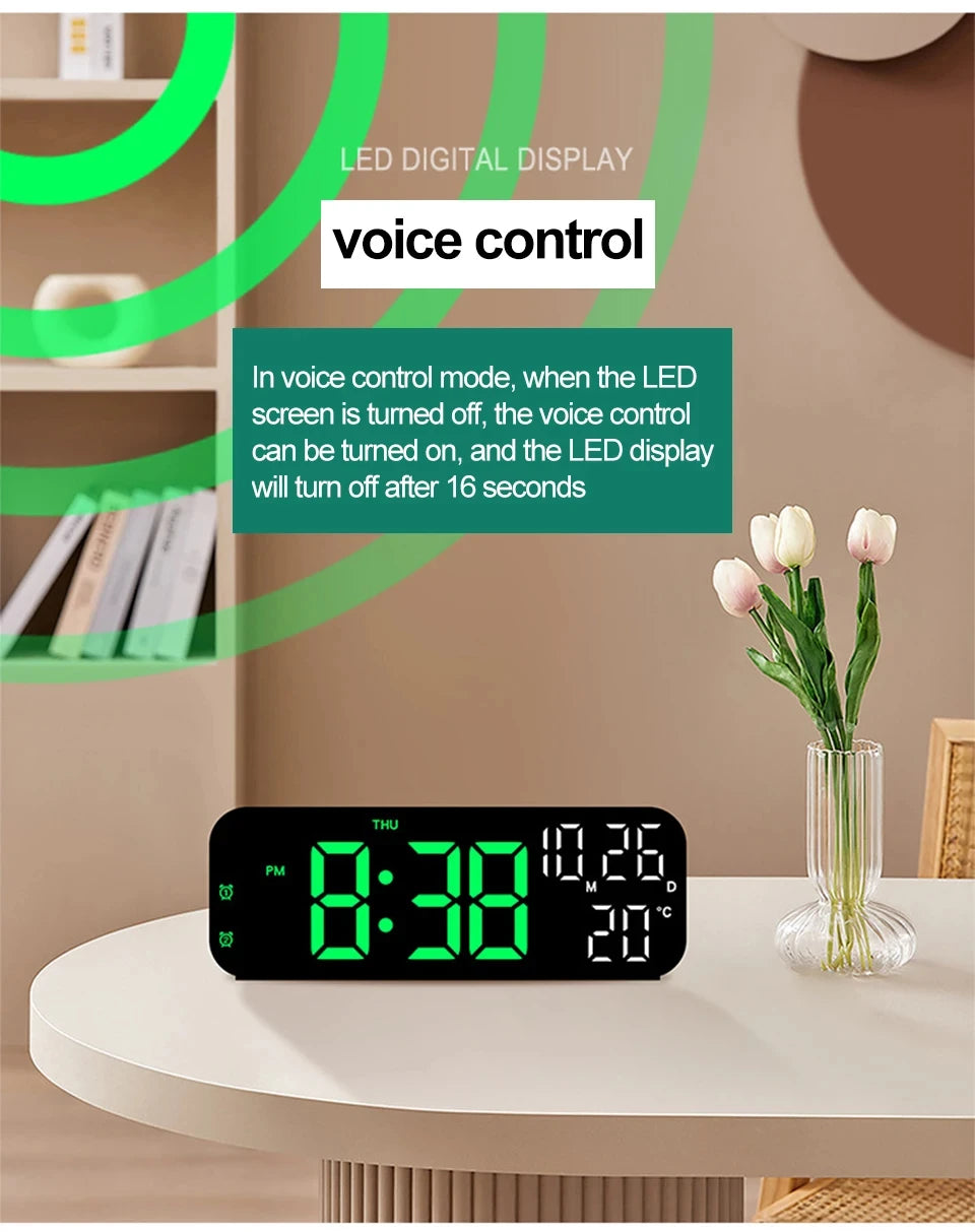 LED Digital Clock Temperature Date Week Display Desktop Clock 3 level Brightness Adjustment Voice Control Countdown Alarm Clock