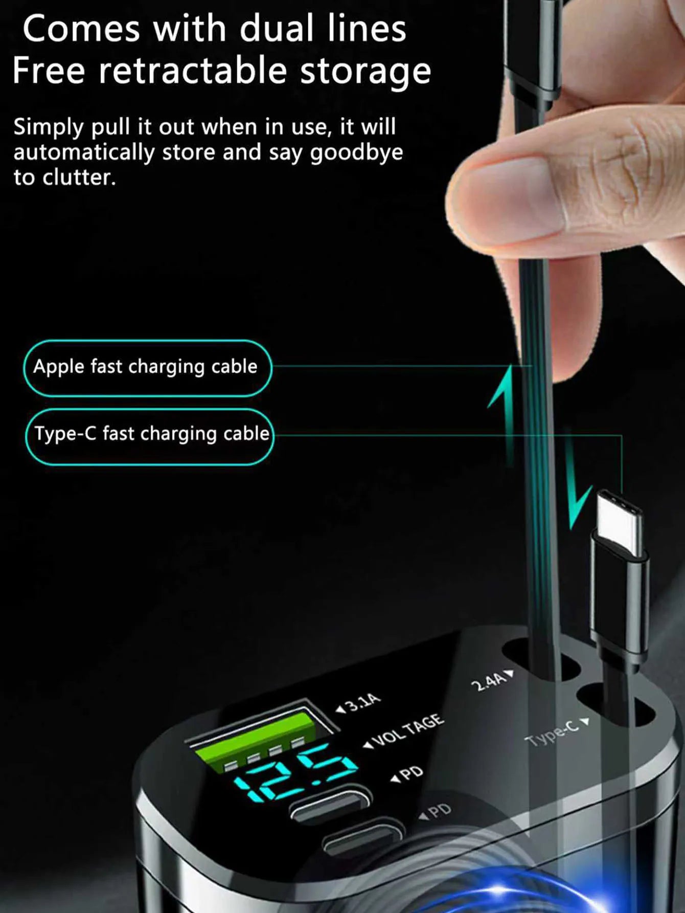 One-to-five car charger with retractable cable, built-in retractable cable PD car fast charging super fast charging flash chargi