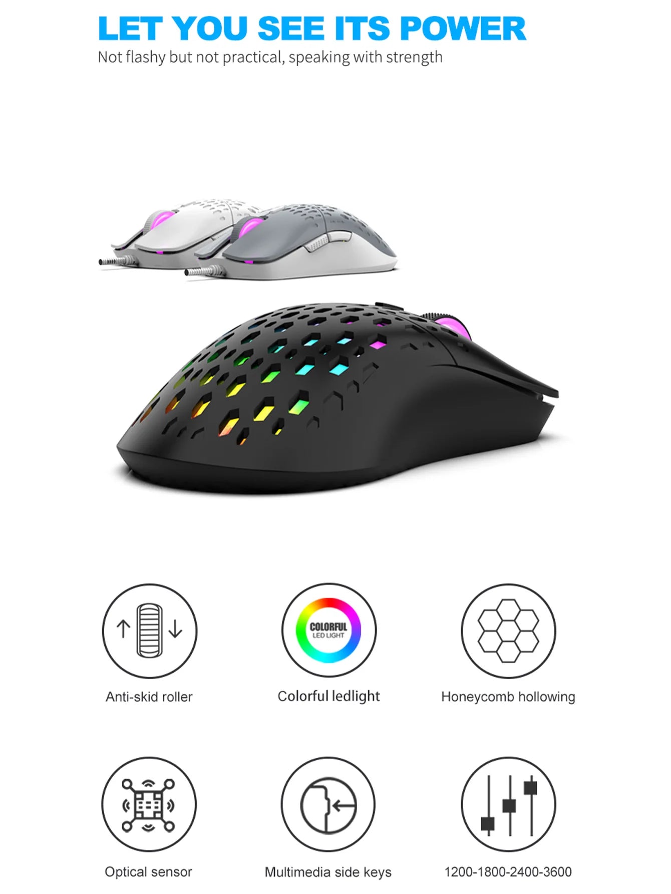 Wireless gaming mouse, dazzling colorful light effect, variable DPI, fashionable honeycomb perforated mouse