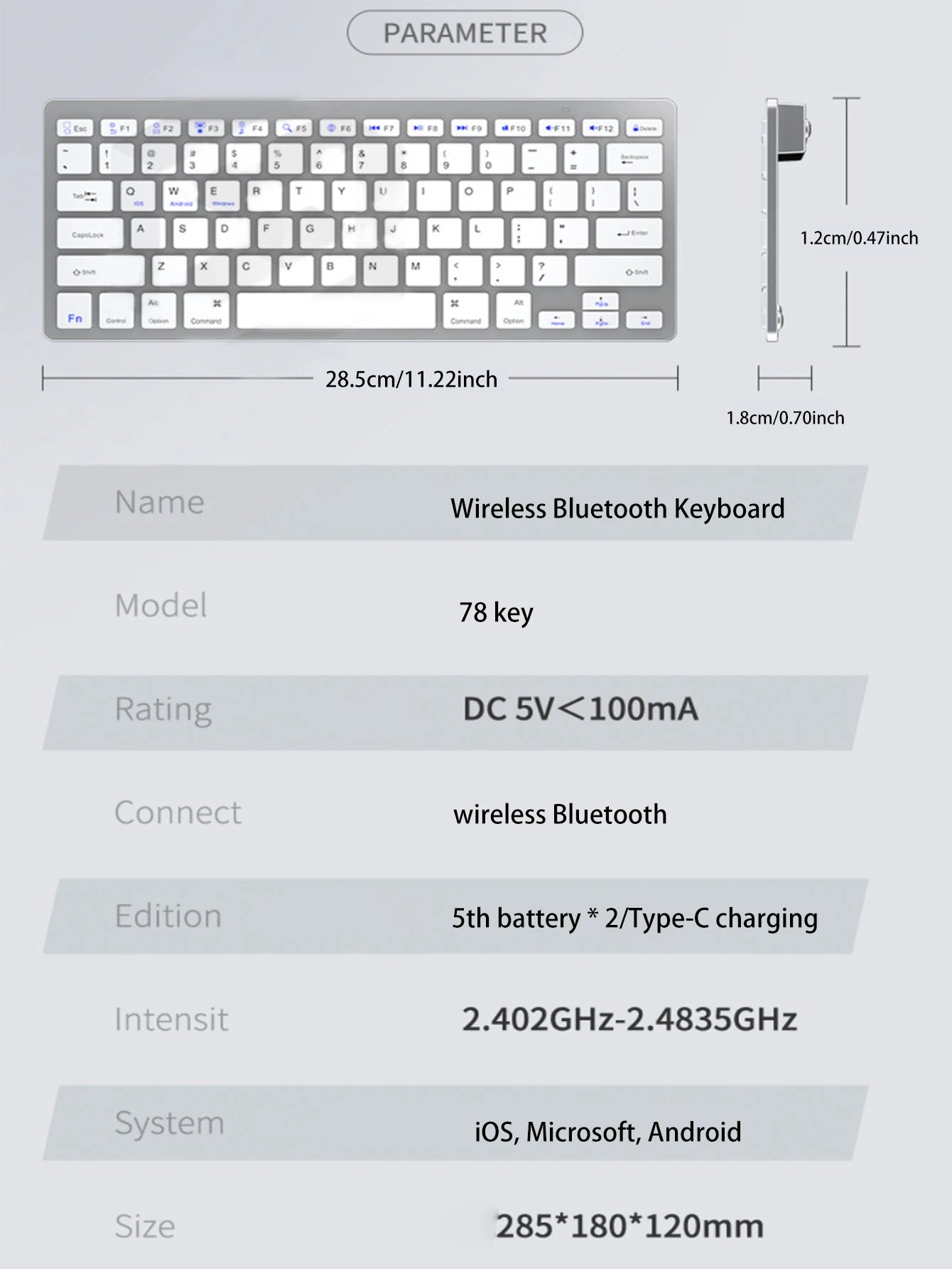 Wireless keyboard, 10 inch slim, tablet/laptop wireless keyboard, ipad mini keyboard
