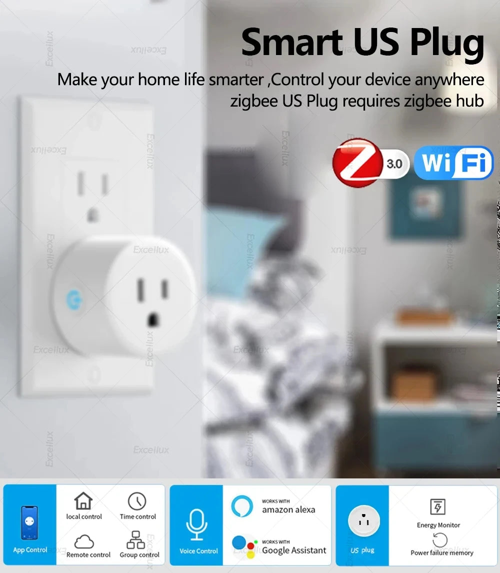 Smart Plug Zigbee/WiFi Socket US Plug 16A With Power Monitor Timing Function APP Control Smart Home Automation Works With Alexa